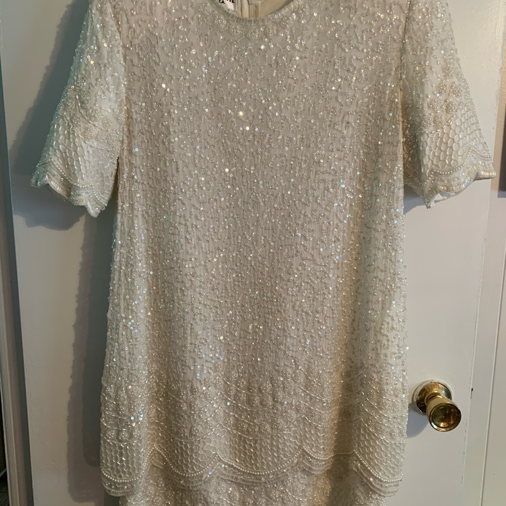 WHITE pearl beaded sequined dress size P/MED